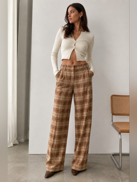 Wilfred Pants - Aritzia Wilfred Camel Plaid High-Rise Wide Leg Trousers | Custom Tailored Waist